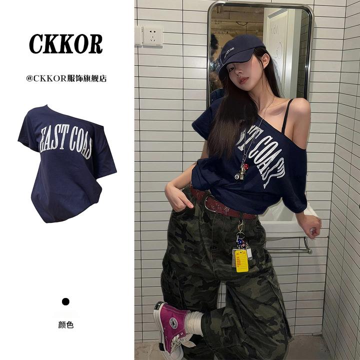CKKOR夏季新款显瘦辣妹短袖t恤女美式宽松慵懒风穿搭斜肩露肩上衣