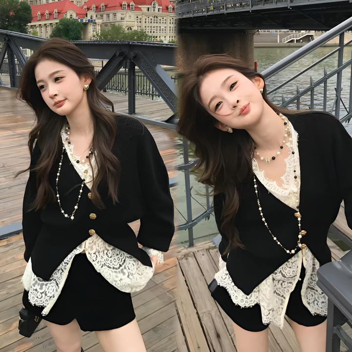 2025女士新款气质时尚百搭设计感小众显瘦宽松毛衣蕾丝休闲套装女