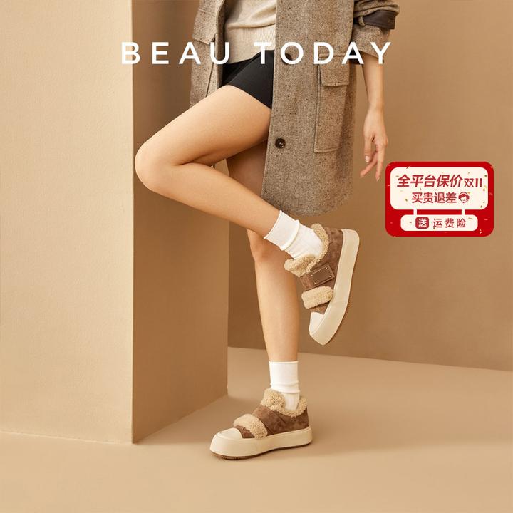 BeauToday【羊皮毛】厚底外穿毛毛鞋女2025保暖女士棉鞋加绒加厚