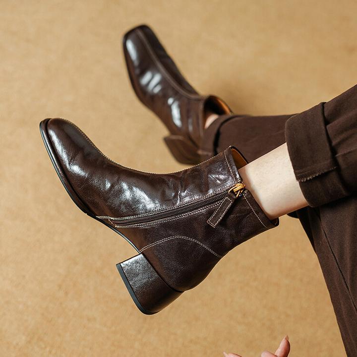 4.5cm~方头粗跟短靴女2025秋冬新款复古棕色真皮百搭舒适及踝靴女