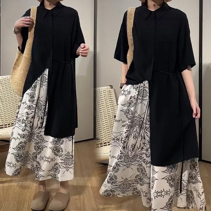 大码新款小众宽松显瘦设计不规则长款衬衫＋水墨画裤子套装女