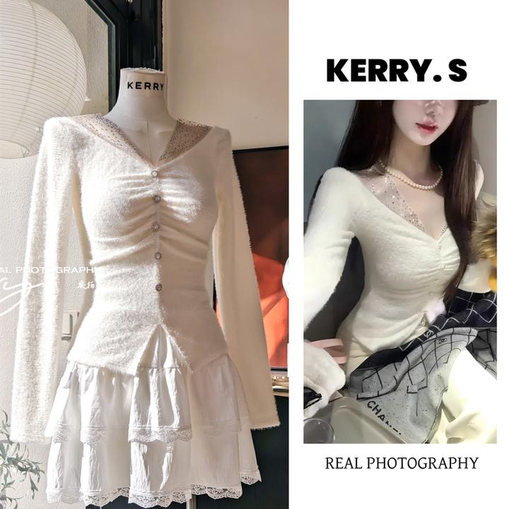 约会心机内搭 V领网纱闪钻毛绒针织修身长袖白色秋冬设计感女上衣