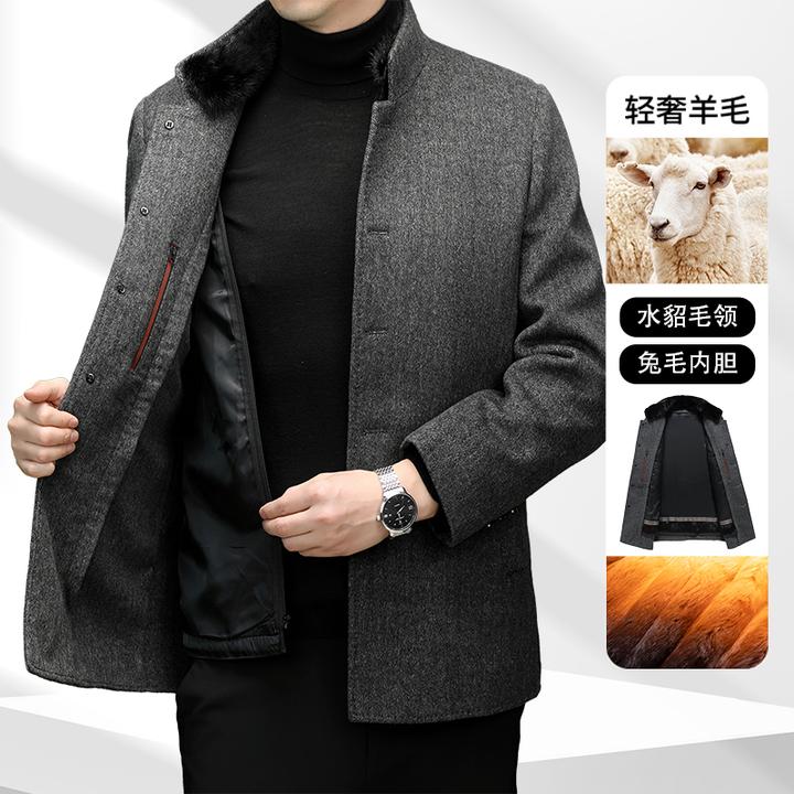 高档毛呢夹克男士羊毛冬季立领大衣商务休闲中年加厚保暖外套男款