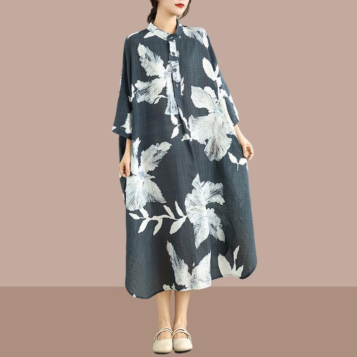 2025年秋季新款气质文艺复古亚麻印花立领宽松超长大码度假连衣裙