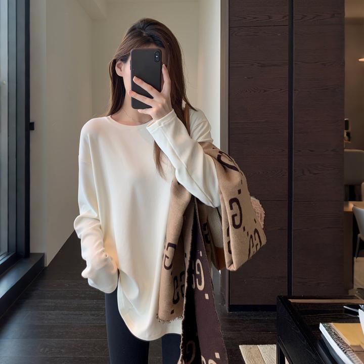 双面德绒宽松圆领纯色简约长袖打底衫女秋冬新款保暖休闲澳绒体恤