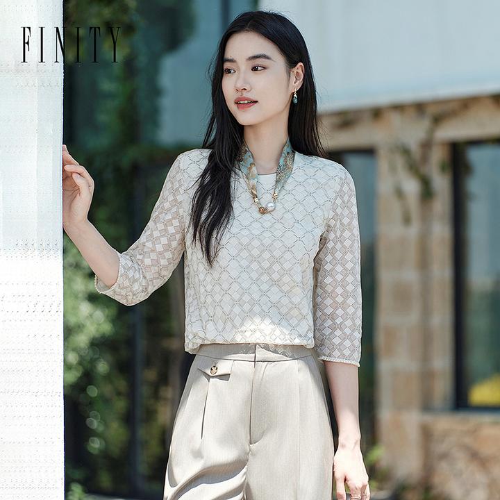 【粉丝专享】FINITY 新款中袖小香风气质时尚圆领雪纺衫 F21X6C08T4