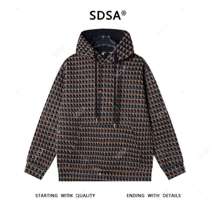 SDSA男士秋冬新款痞帅男装潮牌绒面撞色格子抽绳连帽卫衣百搭时尚