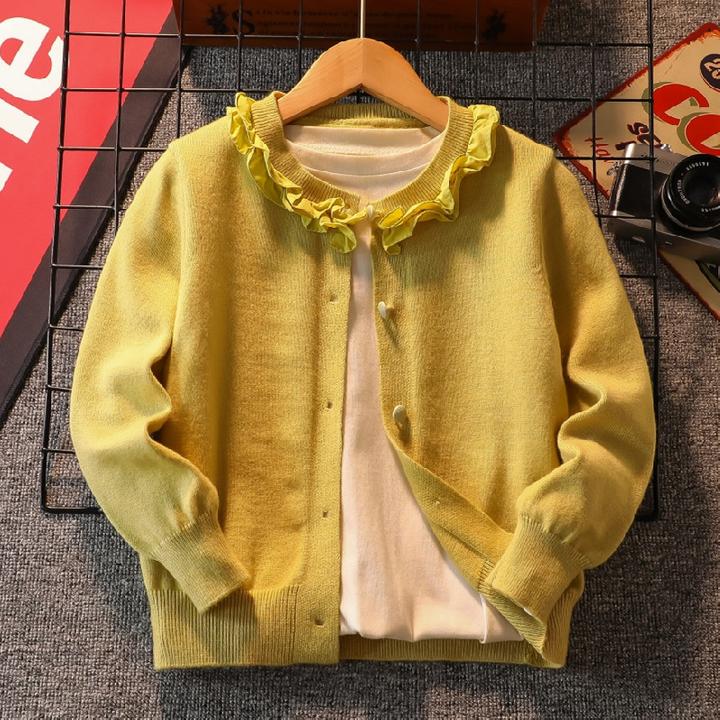 女童针织开衫洋气花边领春秋中大童黄色毛衣外套儿童学生薄款外穿