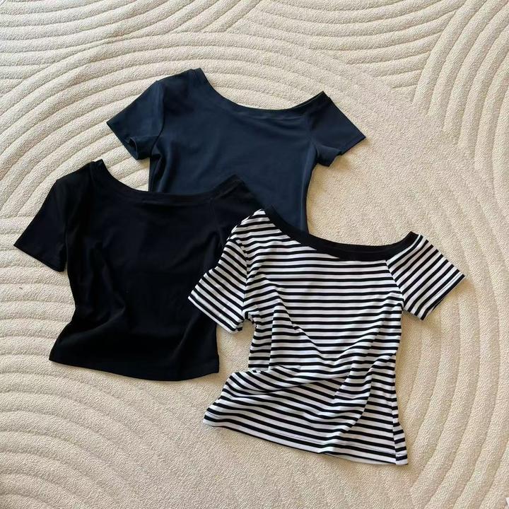 2025韩系少女纯色简约斜肩领短款百搭显瘦T恤时尚短袖针织衫H7-69