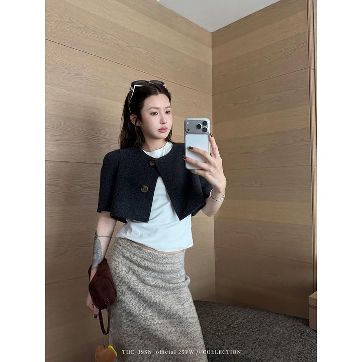 THEISSN宁司 灰色圆领短袖毛呢披肩女冬季短款外套 01942