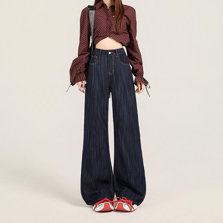 拉夏贝尔深色高腰牛仔裤女秋美式丹宁风小个子宽松垂感拖地阔腿裤