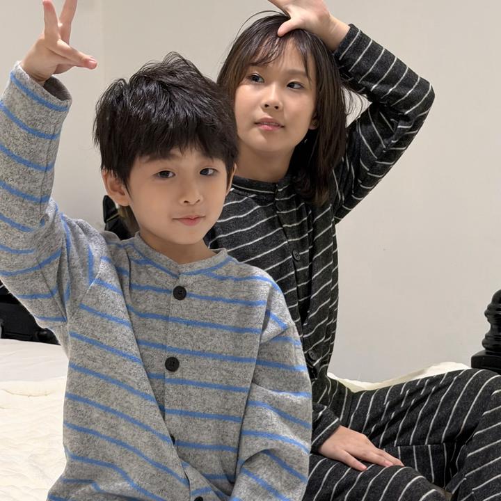 男女童春秋季款穿上不肯脱亲子温暖磨毛感宽松百搭家居服条纹套装