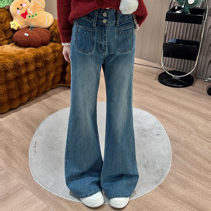 Nooneisland冬季加绒高腰显瘦微喇牛仔裤新款阔腿百搭裤子6110