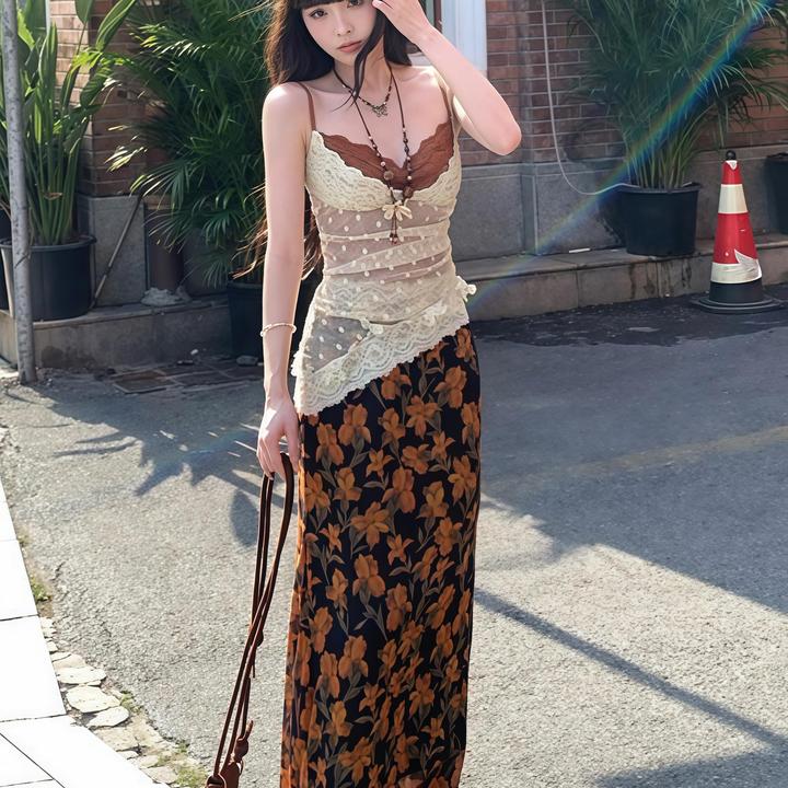 溺水三鱼【盛夏栀子】夏季蕾丝波点拼接假两件碎花印花裙连衣裙