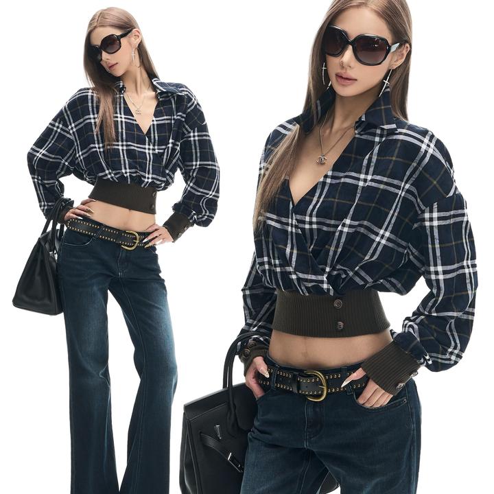 设计感撞色收腰短款拼接格纹衬衫女复古百搭上衣