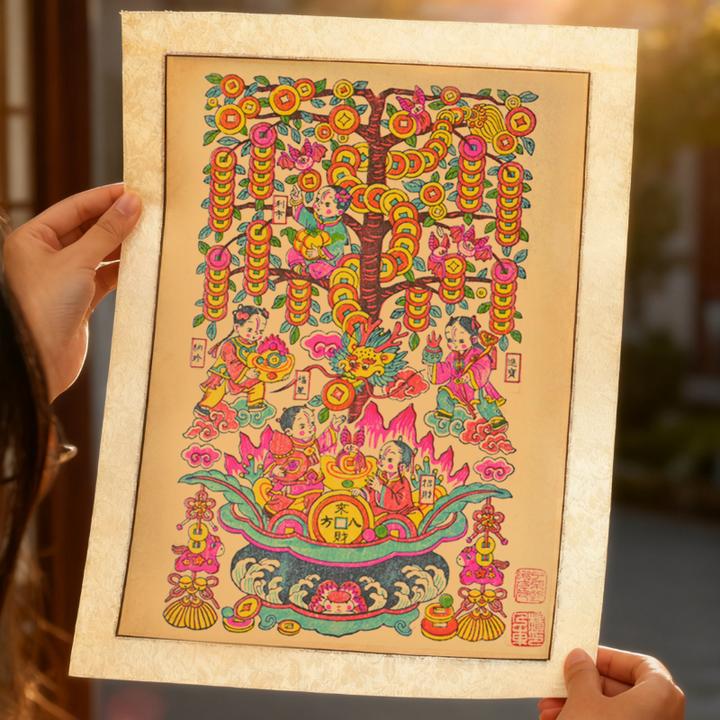 2026五福摇钱树非遗手工年画春节装饰画客厅挂画摆件传统手工礼物