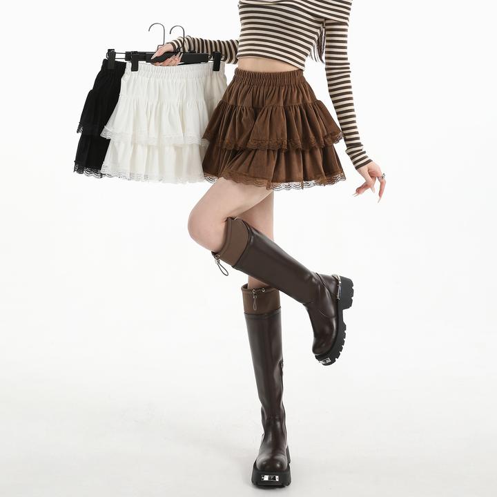 拉夏贝尔黑色蕾丝花边蛋糕裙女辣妹百搭高腰显瘦甜美a字蓬蓬短裙