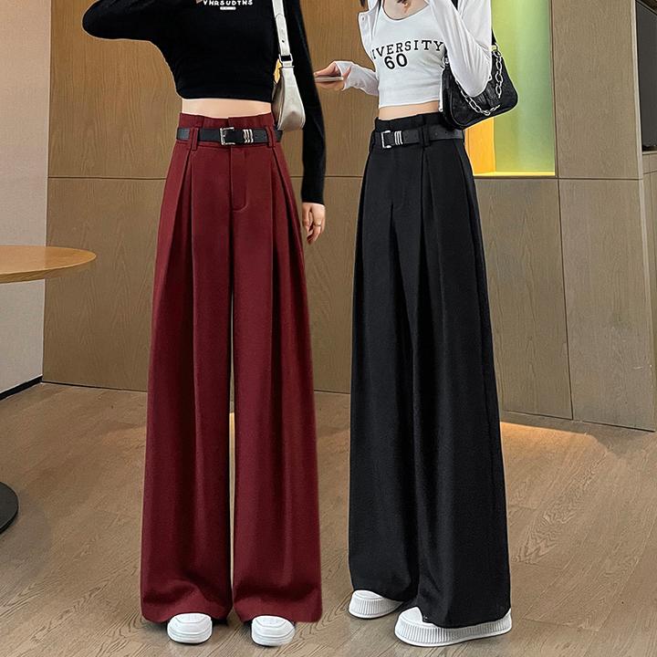 酒红色高级感西装裤子女2024春秋新款高腰垂感梨形身材窄版阔腿裤