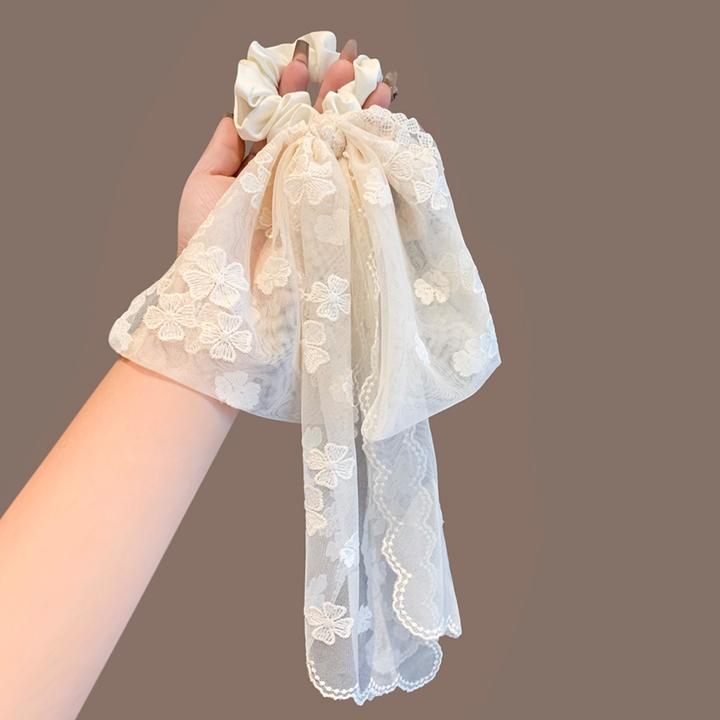 法式超仙立体蕾丝刺绣蝴蝶结发绳温柔感气质长飘带发圈扎发头绳女