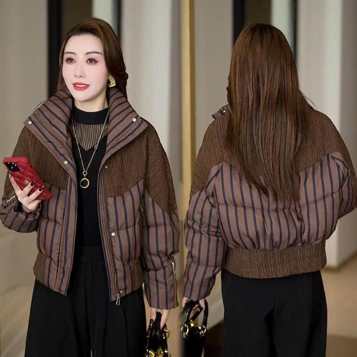 时尚加绒条纹棉衣外套女2024冬季新款洋气减龄气质百搭保暖棉服