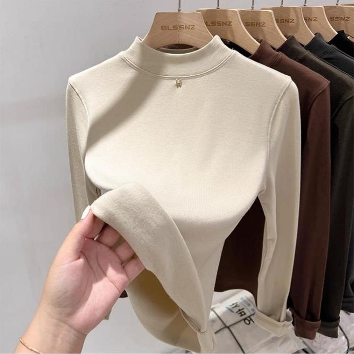 中领半高领德绒磨毛打底衫女内搭秋冬2025新款休闲上衣长袖t恤潮