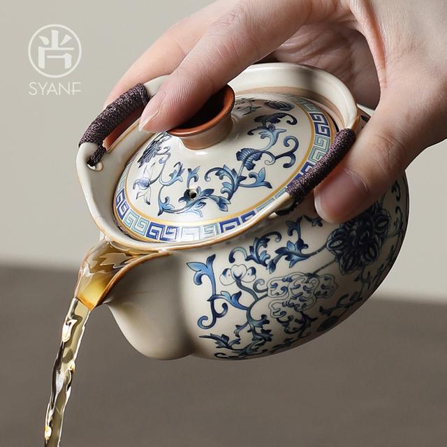 青花汝窑手抓壶盖碗茶杯高档大号防烫家用功夫茶具泡茶茶碗带盖新