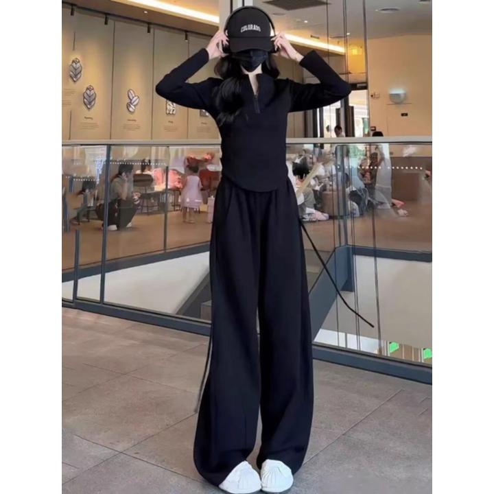 2025秋酷辣休闲运动套装女修身收腰显瘦黑色长袖上衣阔腿裤两件套