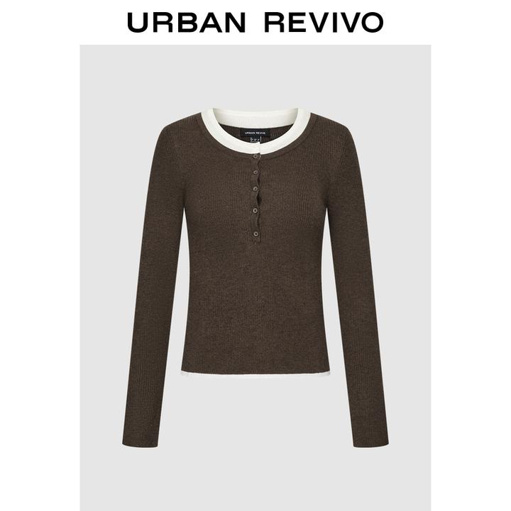 UR2025冬季新款女装撞色假两件纽扣修身针织衫UWM950112