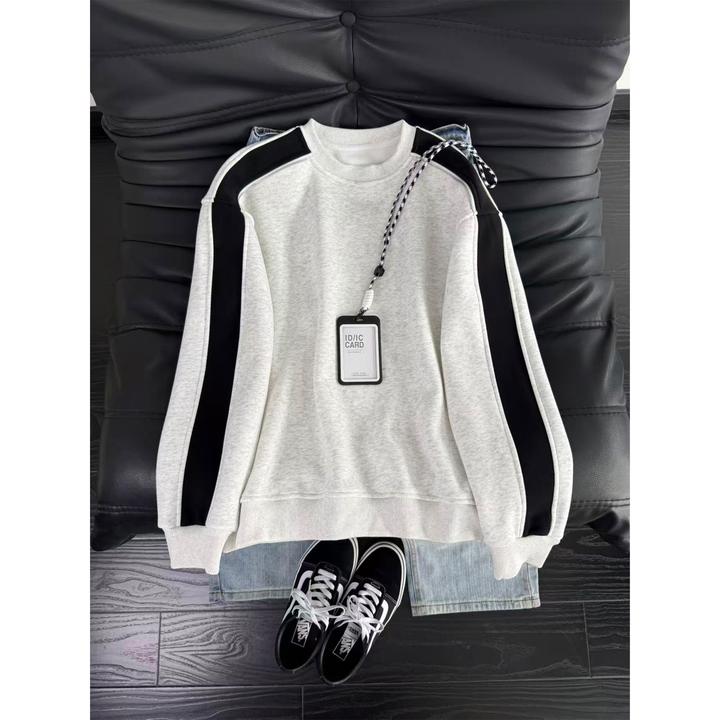 美式重磅撞色拼接圆领卫衣男款冬季加绒加厚宽松休闲打底情侣外套