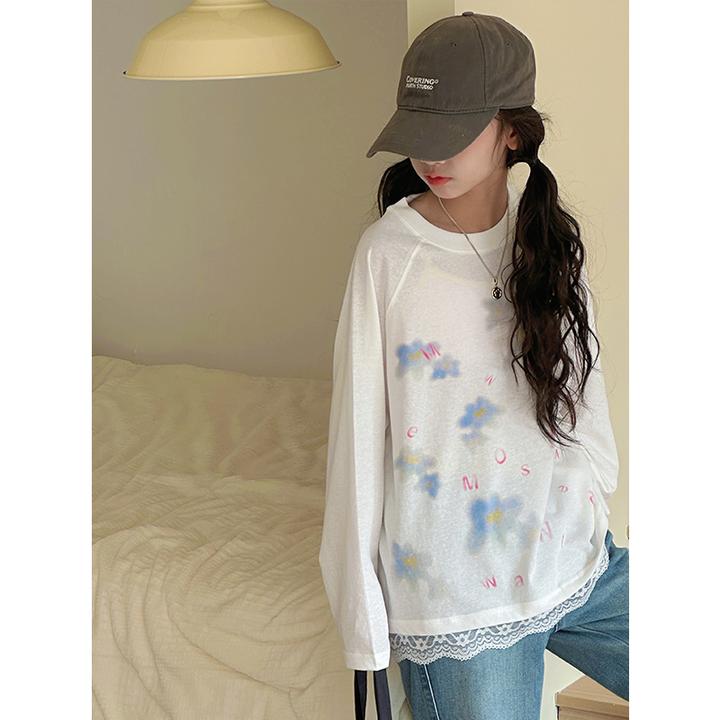 K28524晕染蕾丝边罩衫女童长袖T恤春装新款2025儿童春秋上衣时髦t