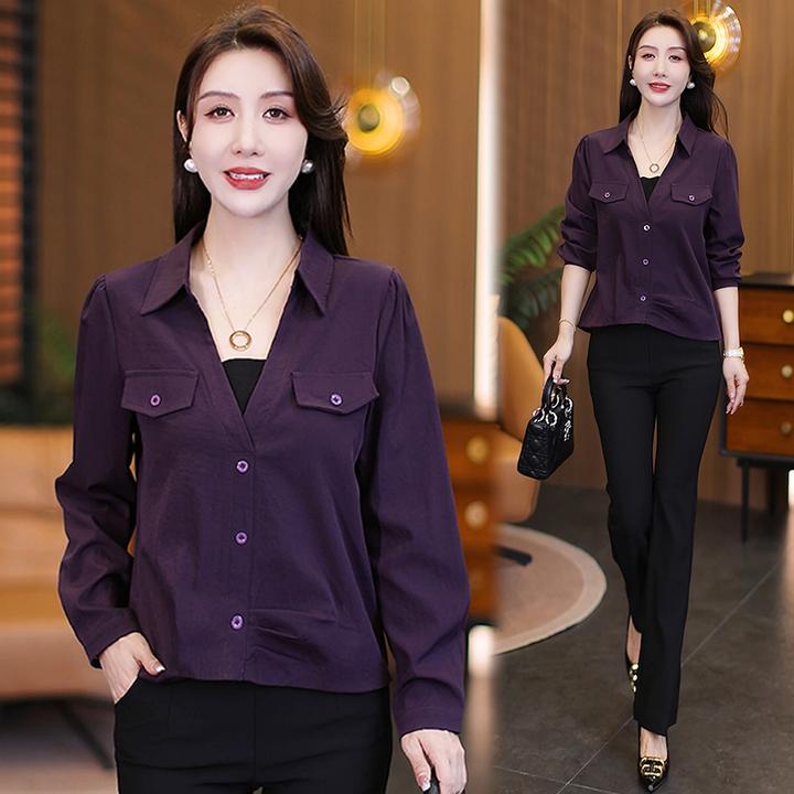 时尚衬衫女2025秋季新款洋气简约纯色不规则下摆假两件拼接上衣