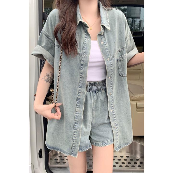 短袖牛仔套装夏季复古气质显瘦学生时尚通勤纯色女士两件套