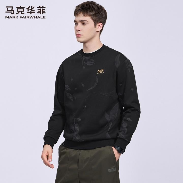 马克华菲加绒保暖卫衣男装2025秋冬新款潮流满印痞帅圆领套头上衣