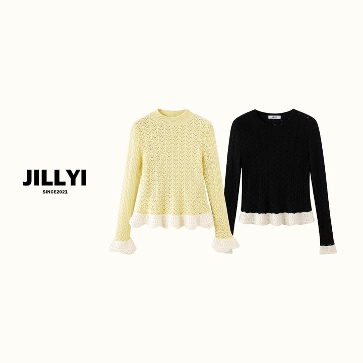 jillyi【香草奶酪】奶油白撞色拼接针织衫时尚秋冬套头显瘦荷叶袖