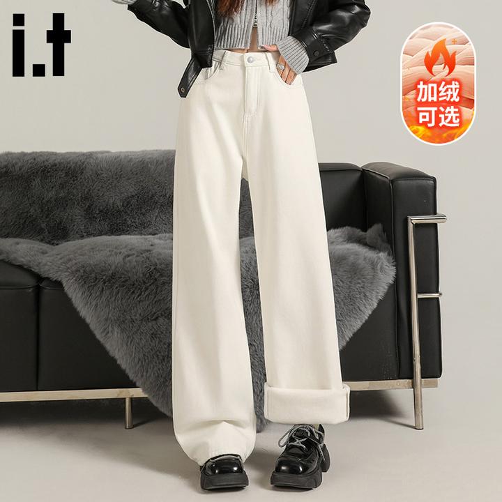 it :CHOCOOLATE高腰白色阔腿牛仔裤女冬季新款加绒宽松显瘦直筒裤