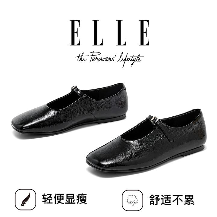 ELLE真羊皮一字扣单鞋女2025新款配裙子软底不累脚浅口平底奶奶鞋