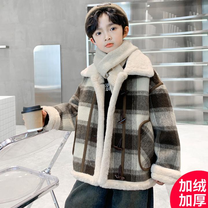 男童外套秋冬款2024新款冬季加绒加厚棉服中大儿童男孩冬装呢大衣