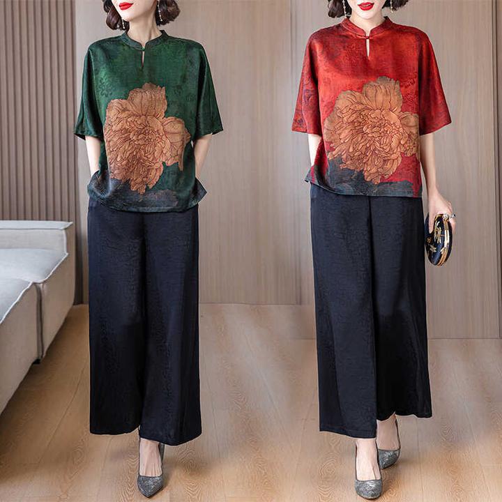 喜婆婆婚宴香云纱真丝衬衫配裤子小个子套装高贵桑蚕丝妈妈装夏季