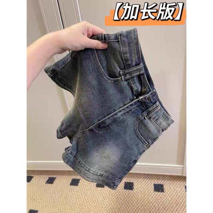 【加长】美式复古高街牛仔短裤女夏季辣妹高腰修身显瘦做旧a字热裤