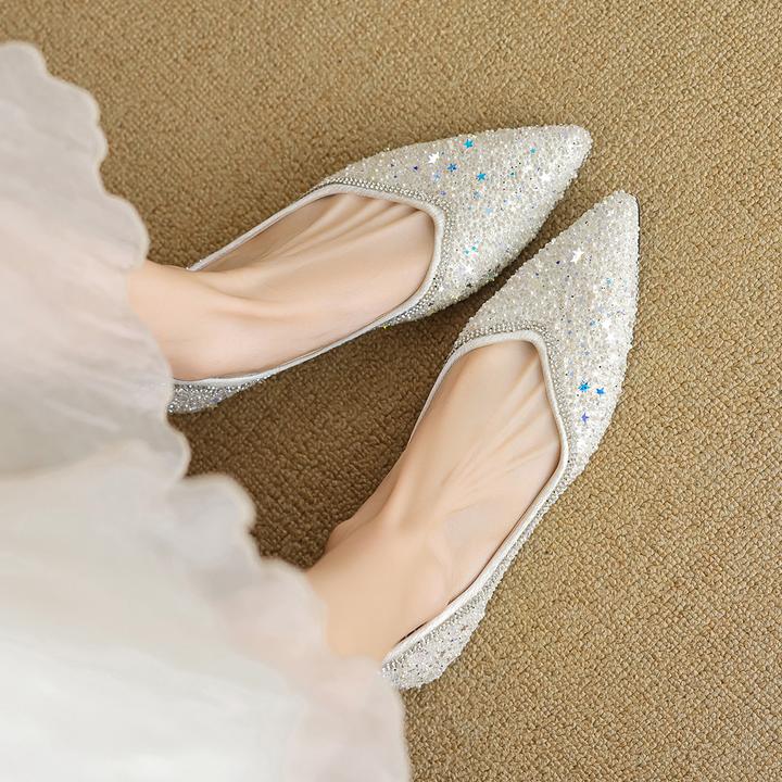 高级感593312尖头平底一脚蹬水钻豆豆鞋超纤材质低跟多季通用公主