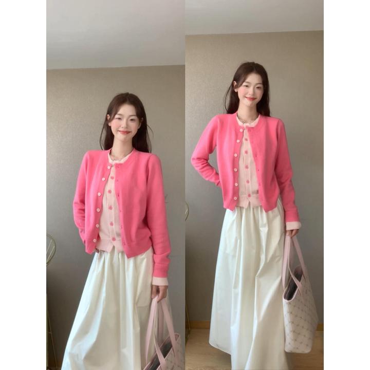 韩系拼接假两件开衫毛衣女春秋冬慵懒风软糯温柔休闲百搭针织衫潮