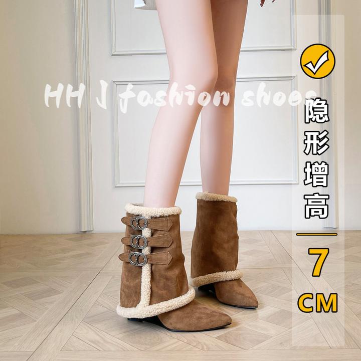 尖头羊羔毛高跟马丁靴女2025年秋冬辣妹内增高坡跟中筒保暖雪地靴