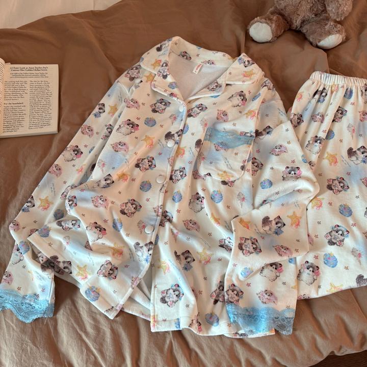 睡衣女秋冬季2025新款超柔软海岛绒加厚珊瑚绒猫咪套装冬天家居服