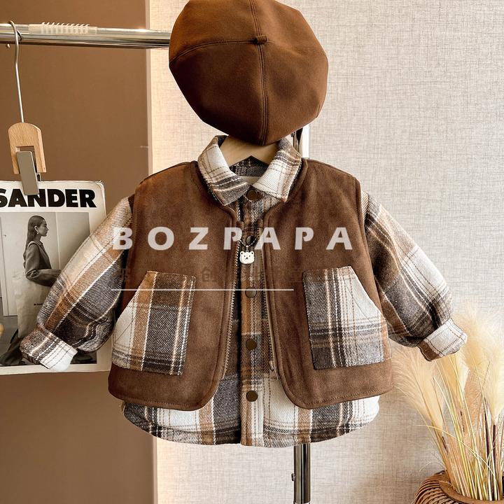 现货啵小爸【复古南国】2025年冬新款男童格纹夹棉马甲衬衫两件套