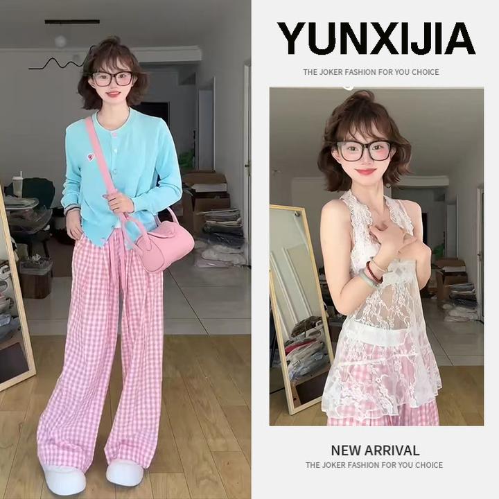 2025年早春穿搭一整套韩系减龄蕾丝内搭针织开衫格子休闲裤三件套
