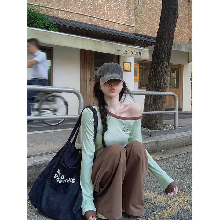 【现货次日发】韩系绿色长袖t恤收腰漂亮斜肩上衣高腰直筒阔腿裤女