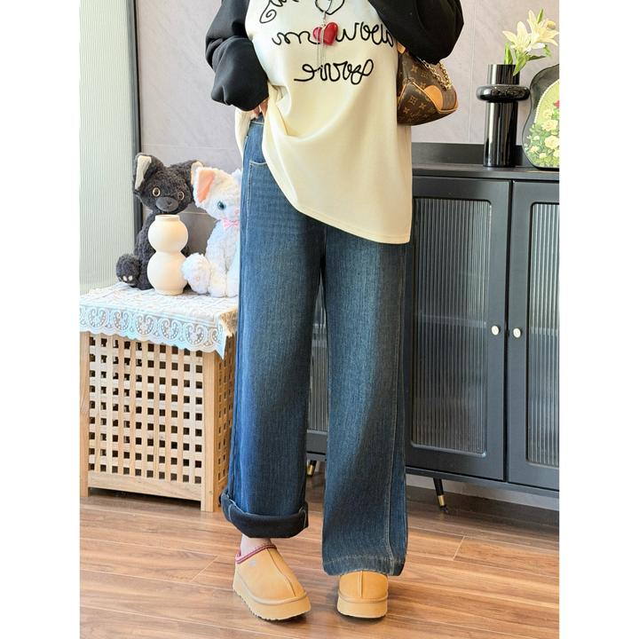 花契“杏仁布雷”大码女装冬季宽松200斤胖mm御姐风牛仔裤16271-H