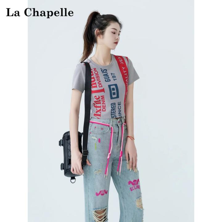 拉夏贝尔网红炸街时尚休闲宽松百搭高腰女牛仔裤2025