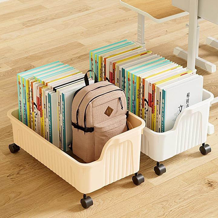 桌下书本收纳箱书包置物架滑轮可移动书箱子学生教室用纯色收纳盒