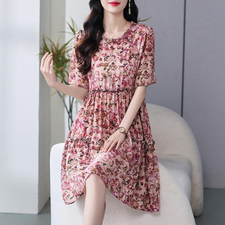 69550小个子2025巨好看的法式碎花真丝连衣裙女夏特级桑蚕丝裙